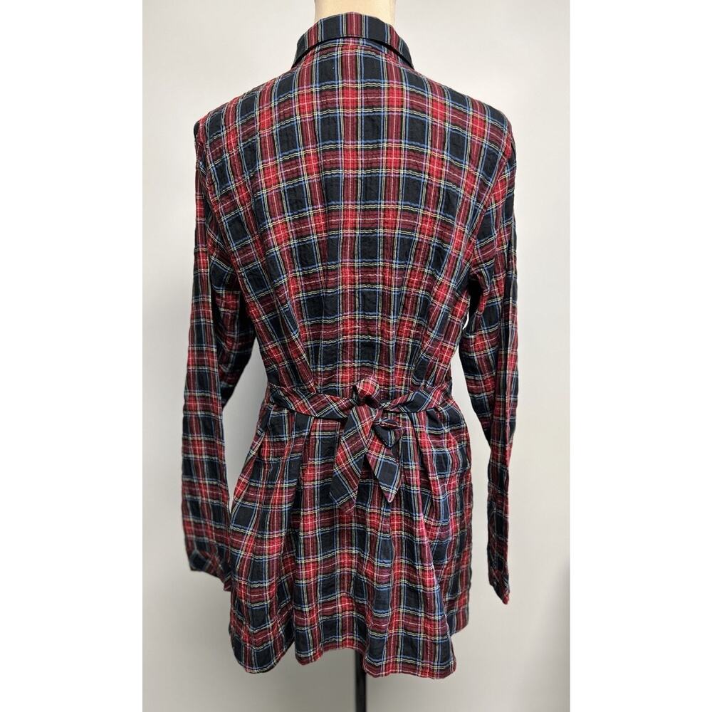 J Jill Plaid Button Down Tie‎ Back Medium Tunic Top Red Black Preppy Holiday - Picture 6 of 14